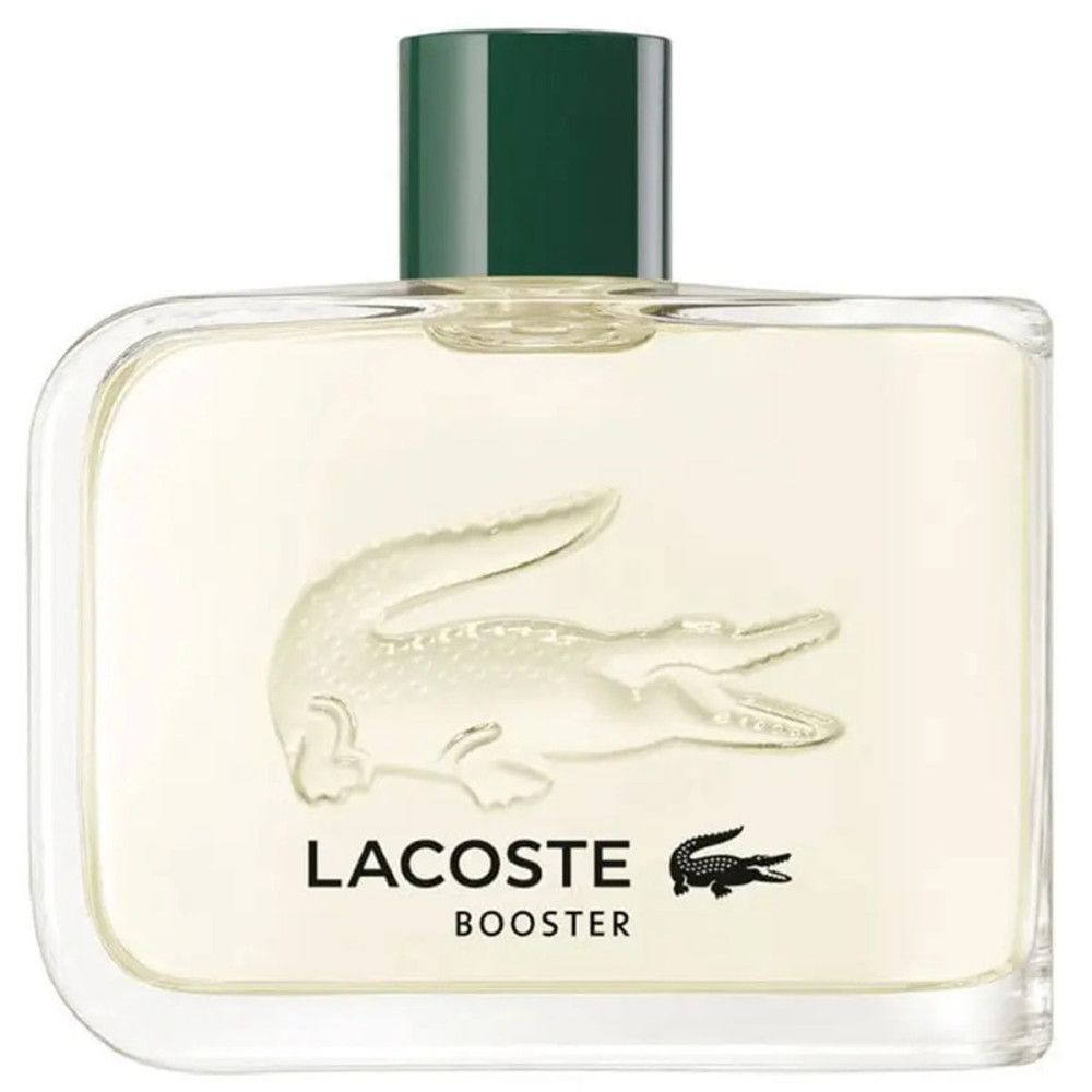 Lacoste Booster Eau de Toilette Flakon. Glasflakon mit grünem Verschluss und geprägtem Krokodil.