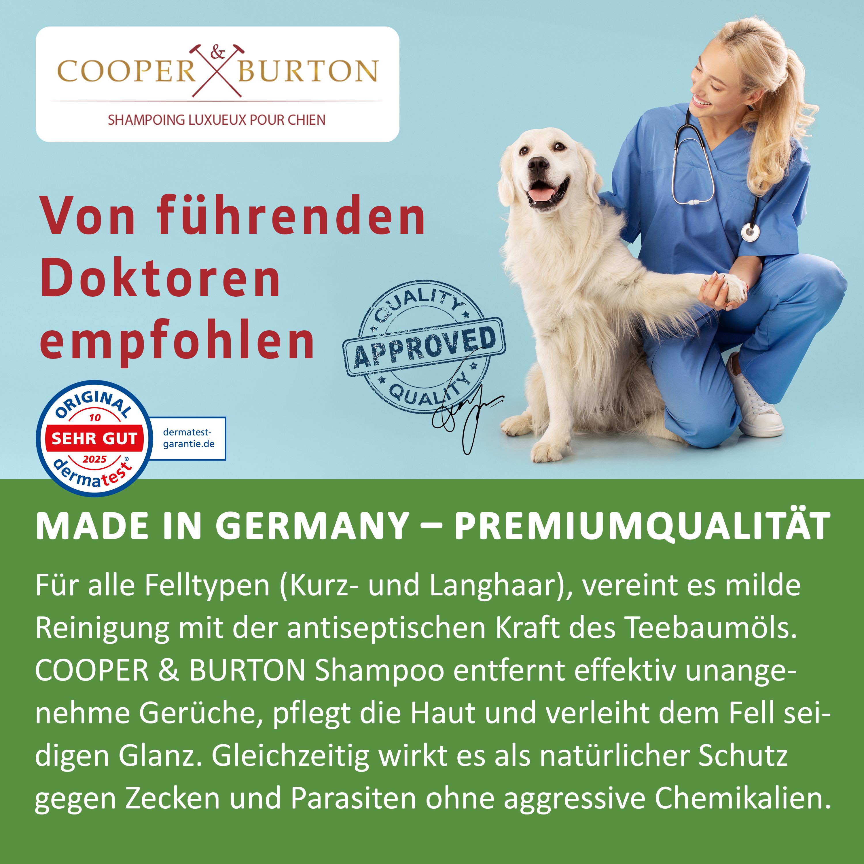 Hund und Tierärztin. Text: COOPER & BURTON. „Von führenden Doktoren empfohlen“. Siegel: „Original Sehr Gut“ und „Quality Approved“.