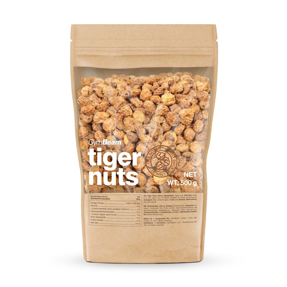 GymBeam Tiger Nuts Erdmandeln, ballaststoffreicher Snack in brauner Papiertüte, 500g.