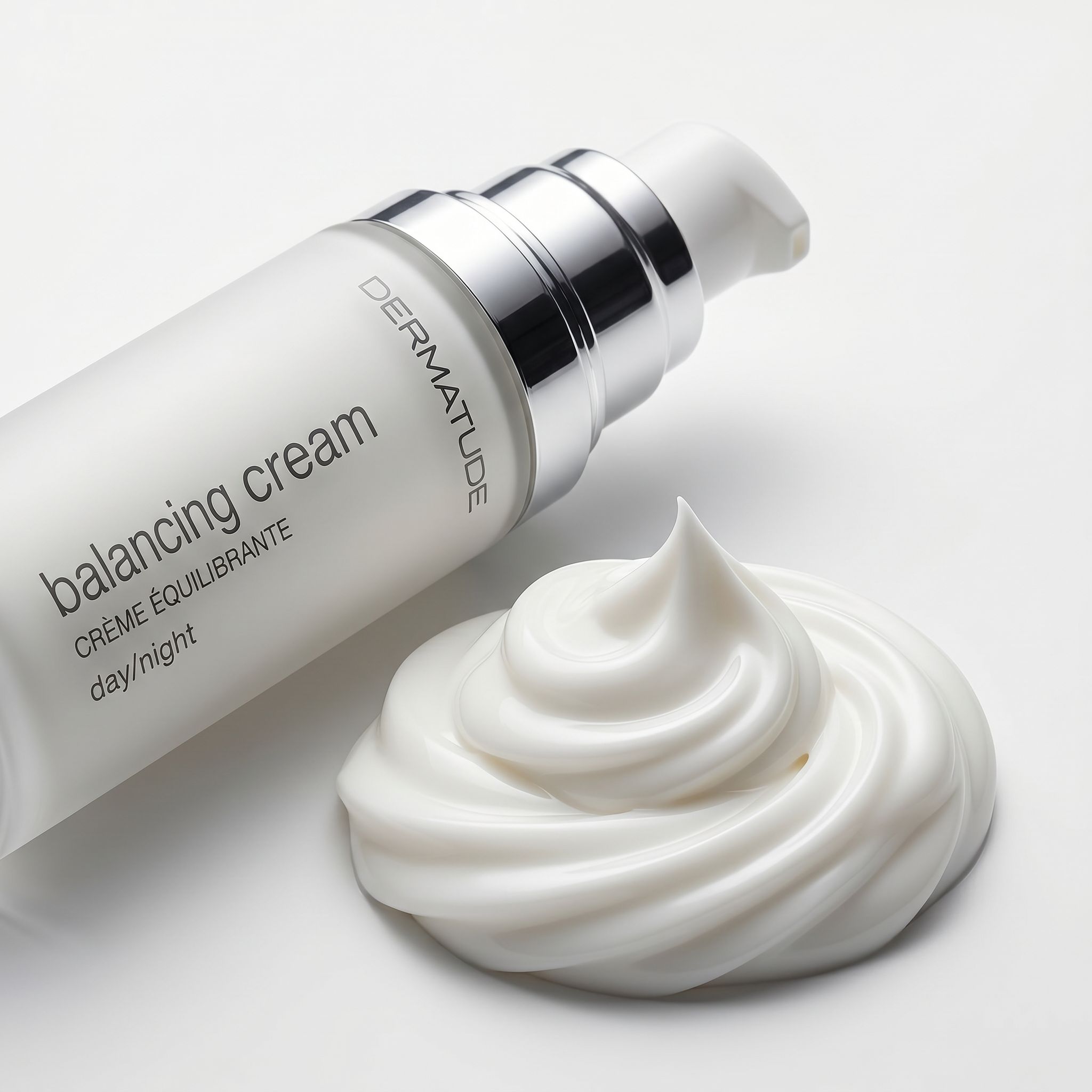 Flasche Balancing Cream mit einer Probe der Creme daneben.
