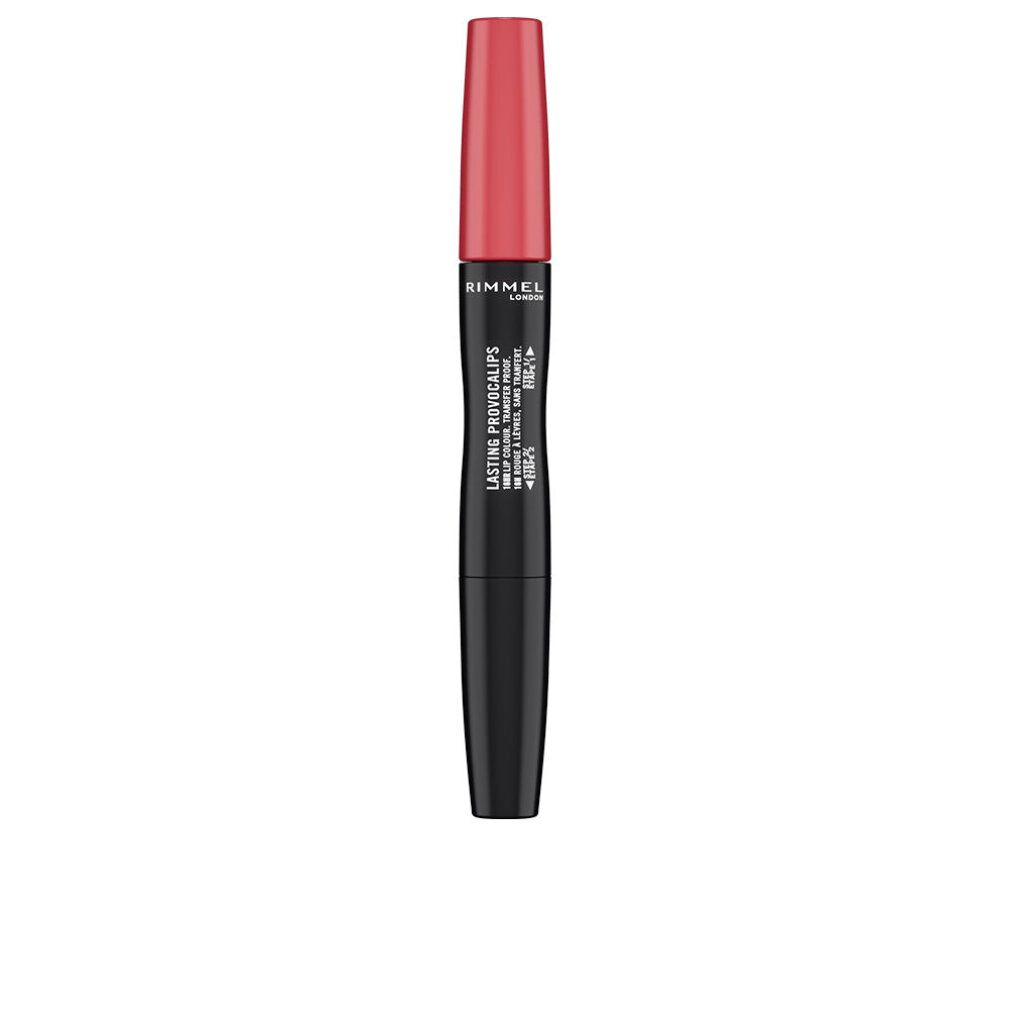 Roter Lippenstift mit schwarzem Gehäuse. Rimmel London Lasting Provocalips. Rote Kappe. Aufschrift auf dem Gehäuse.
