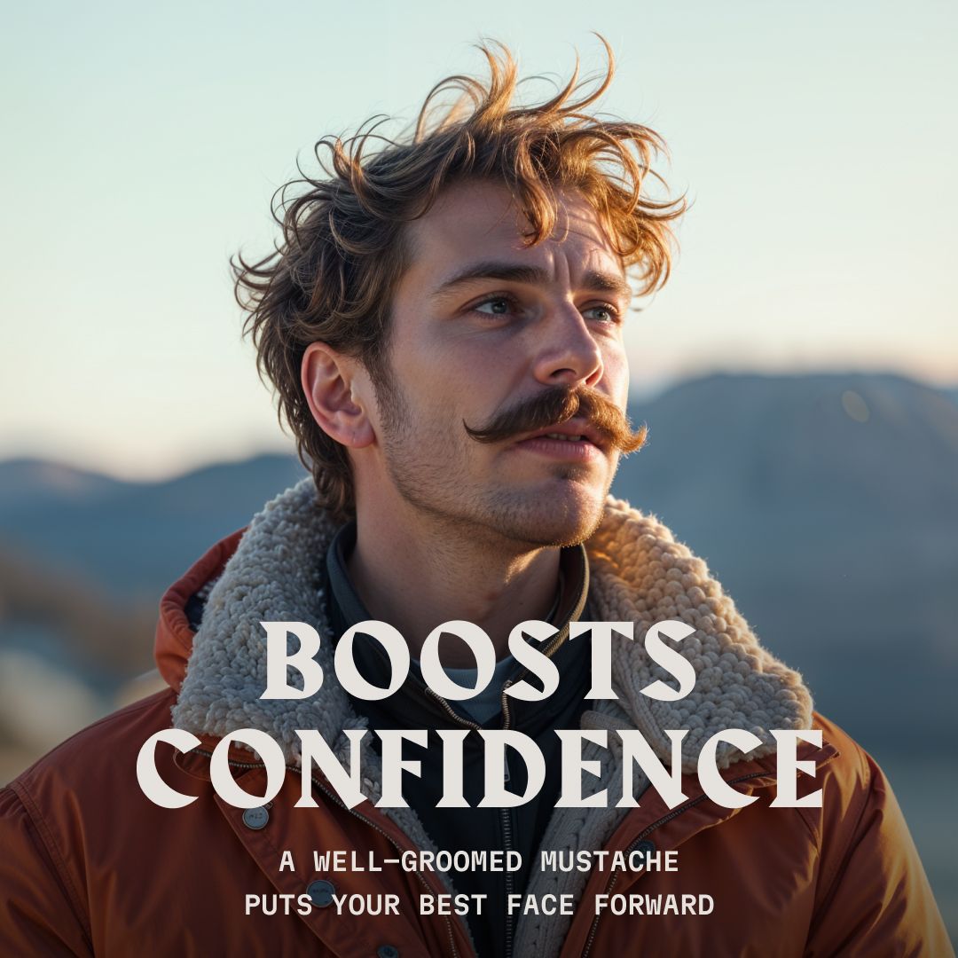 Mann mit gepflegten Schnurrbart im Freien. Text: "Boosts Confidence".