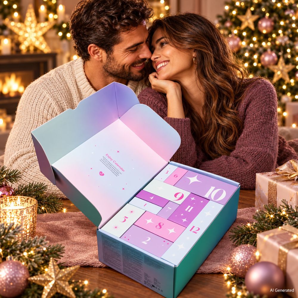 Adventskalender mit 24 nummerierten Fächern, gefüllt mit verschiedenen Produkten.