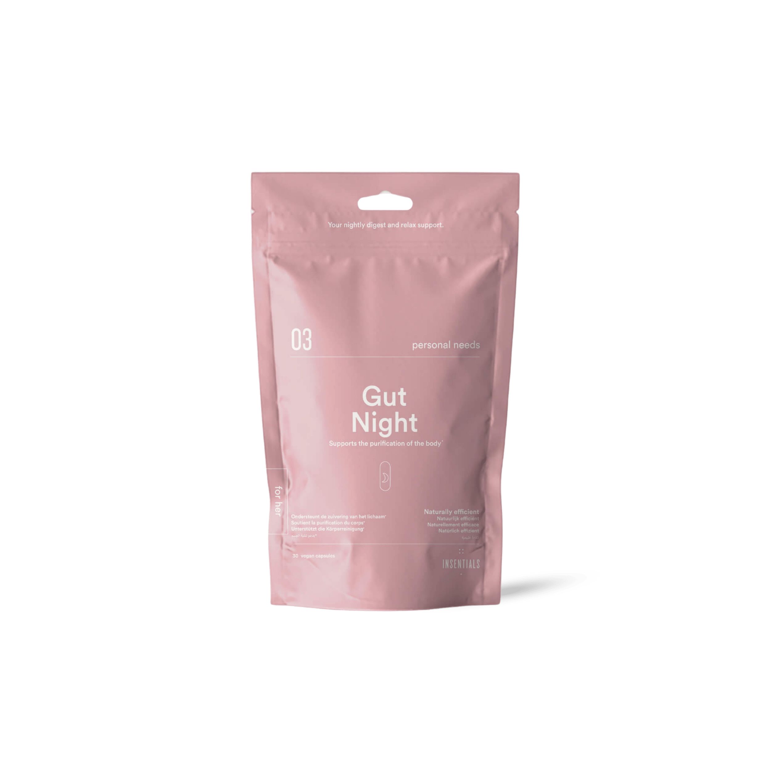 Rosa Beutel mit der Aufschrift "Gut Night". Produktname und Logo. Aufhängevorrichtung oben.