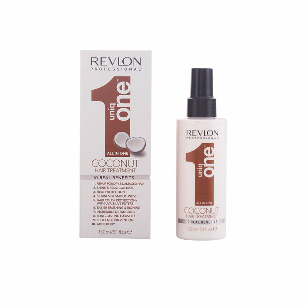 Revlon Uniq One Coconut Hair Treatment. Flasche und Verpackung. Aufschrift: 10 Real Benefits. Mit Kokosnuss-Motiv.