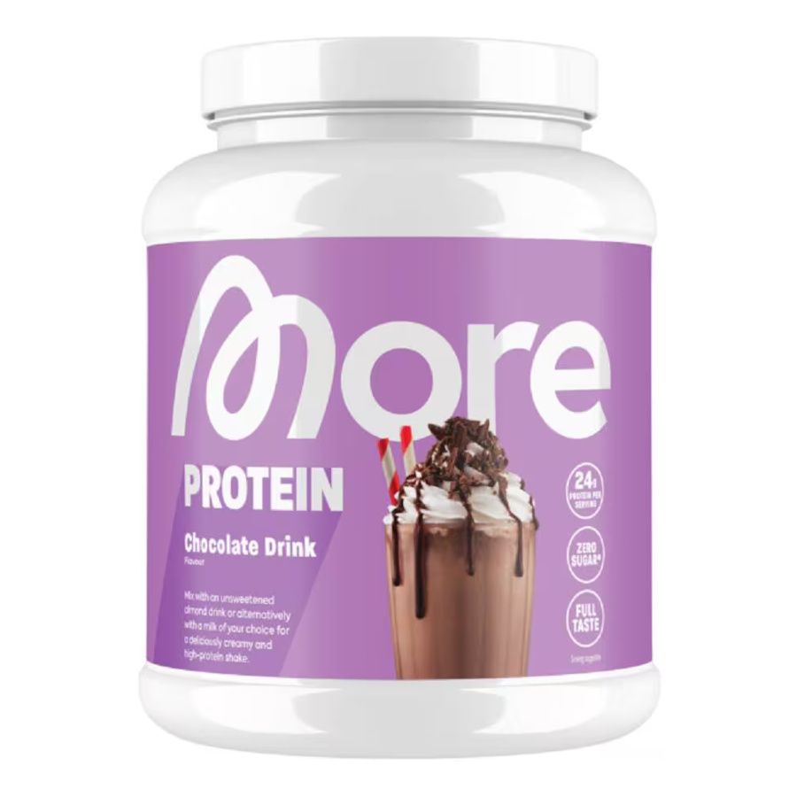 Weißes Protein-Pulver-Behälter mit lila Etikett. Aufschrift: More Protein Chocolate Drink. Abbildung eines Schokoladengetränks.