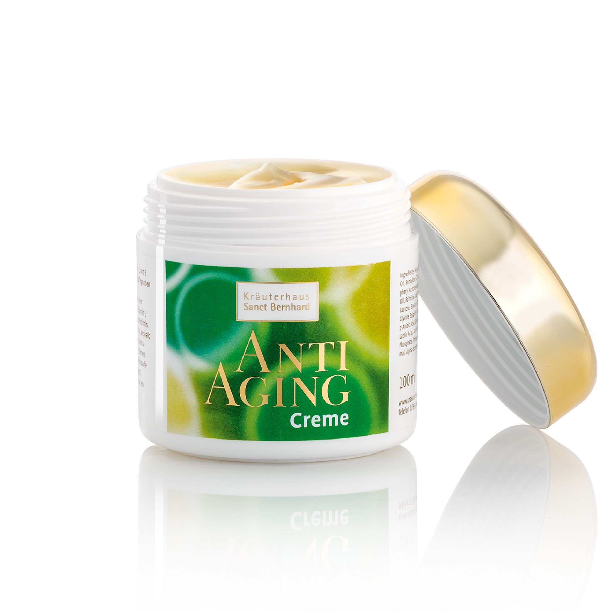 Weißes Tiegel mit goldfarbenem Deckel. Aufkleber mit grünem Muster und Schriftzug "ANTI AGING Creme". Marke: Kräuterhaus Sanct Bernhard.