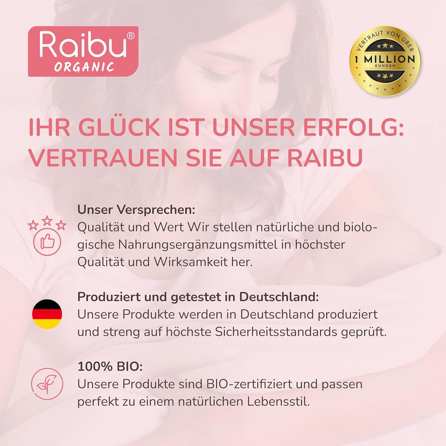 Text: Ihr Glück ist unser Erfolg. Qualität, Wert, natürliche Nahrungsergänzungsmittel. Produziert und getestet in Deutschland. 100% BIO.