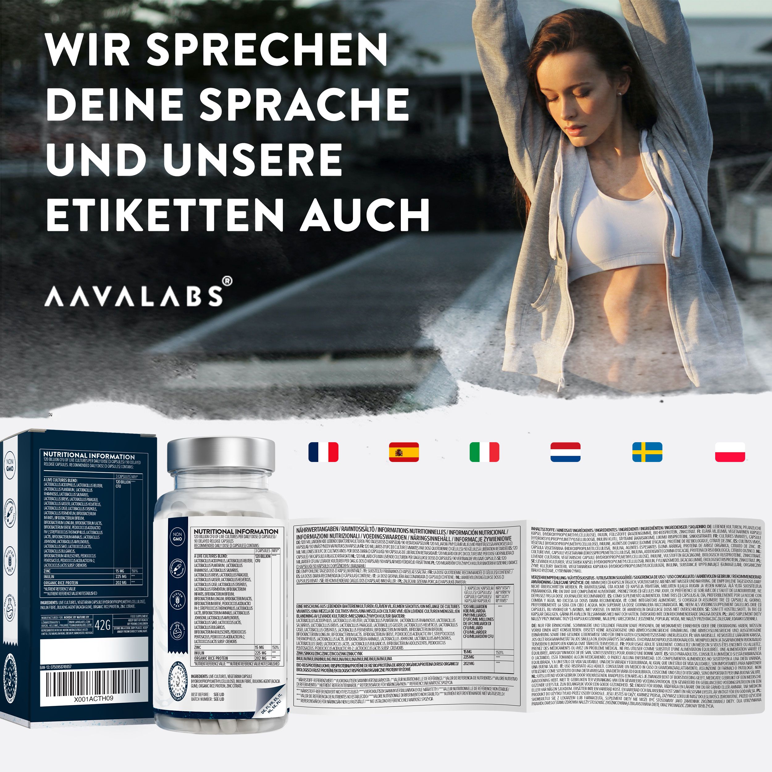 Aavalabs: Sportlerin im Freien. Produktinformationen in mehreren Sprachen auf Karton und Beipackzettel.