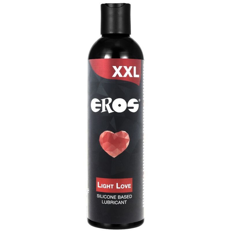 Schwarze Flasche mit rotem Etikett, Eros XXL Light Love Gleitmittel auf Silikonbasis.