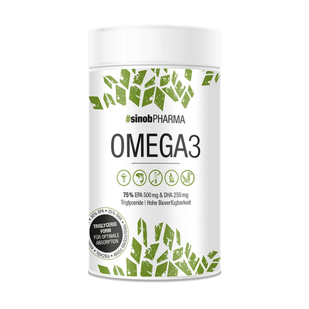Weißes Omega-3-Nahrungsergänzungsmittel in einer Dose. Aufschrift: #sinobPHARMA, OMEGA3, 75% EPA 500mg & DHA 250mg. Triglycerid-Form.