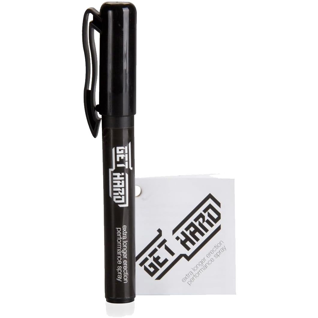 Schwarzer Stift mit Clip und weißem Anhänger. Aufschrift: GET HARD, extra longer erection performance spray.