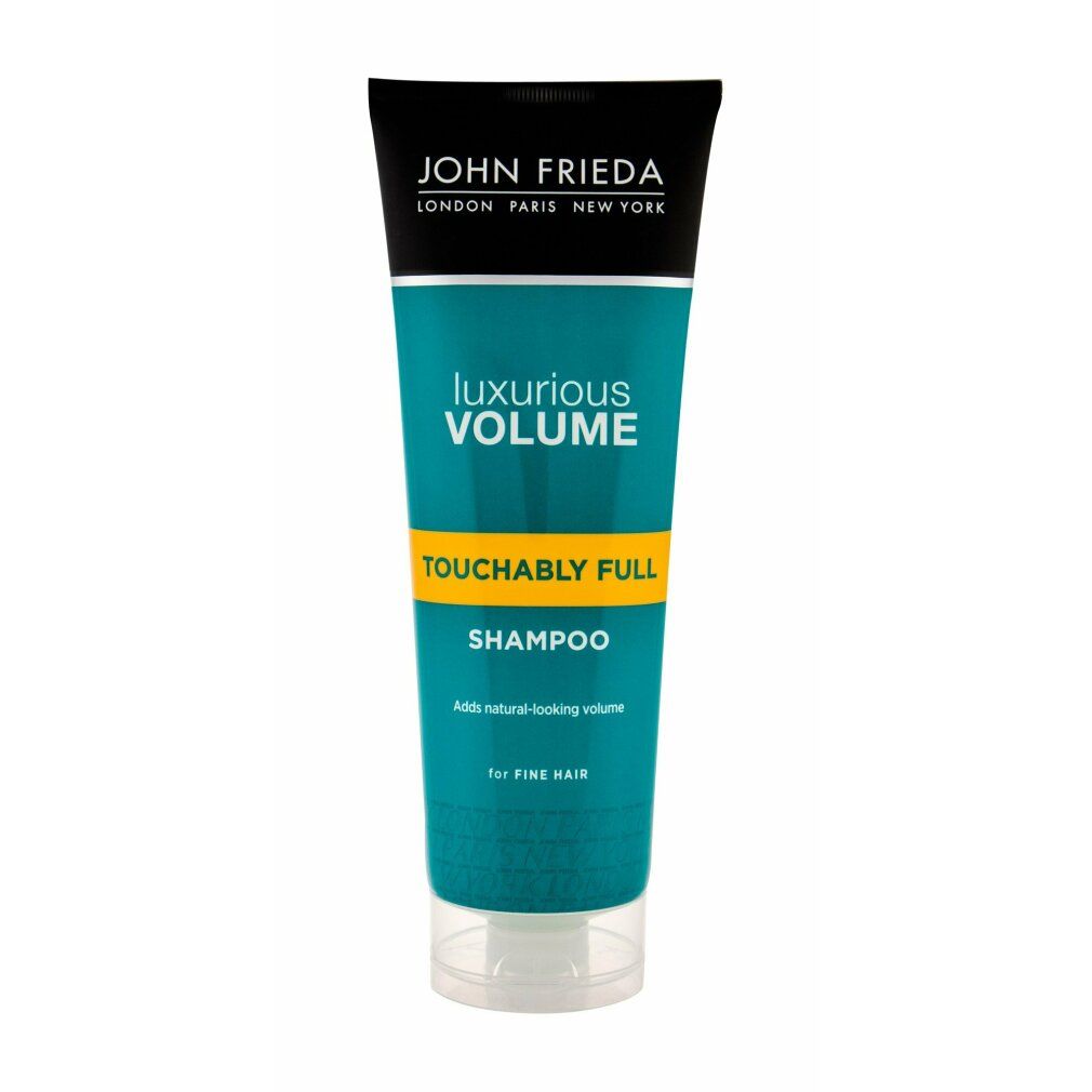 Shampoo-Tube mit schwarzem Deckel und grüner Schrift. Aufschrift: Luxurious Volume, Touchably Full, Shampoo. Für feines Haar.