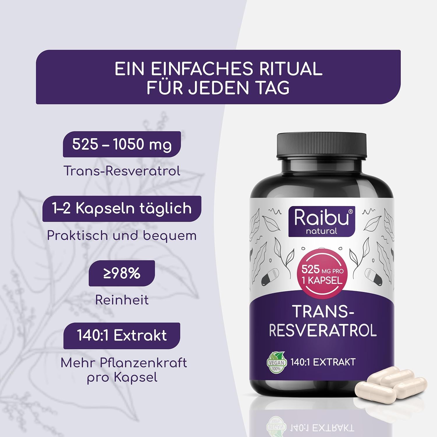 Produktflasche mit Text: Trans-Resveratrol, 525 mg. 1-2 Kapseln täglich. Praktisch und bequem.