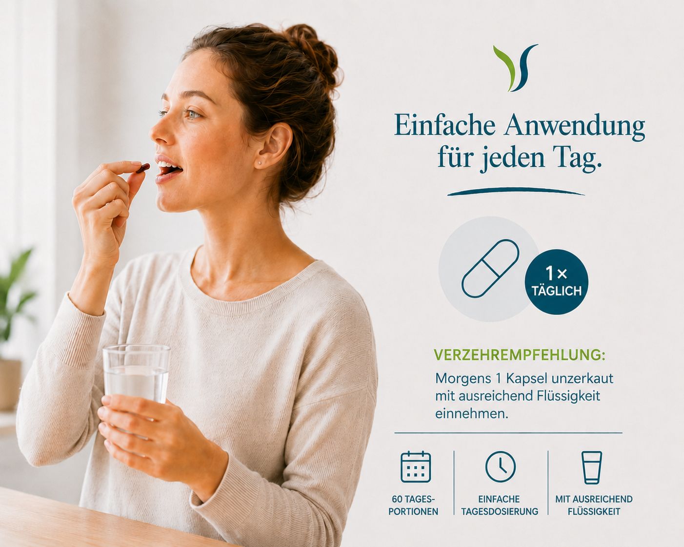 Frau nimmt eine Kapsel mit einem Glas Wasser ein. Einfache Anwendung für jeden Tag.