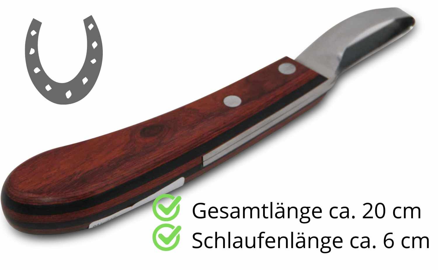 Hufmesser mit Holzgriff. Gesamt: ca. 20 cm, Schlaufenlänge ca. 6 cm. Mit Hufeisen- und Huf-Symbol.