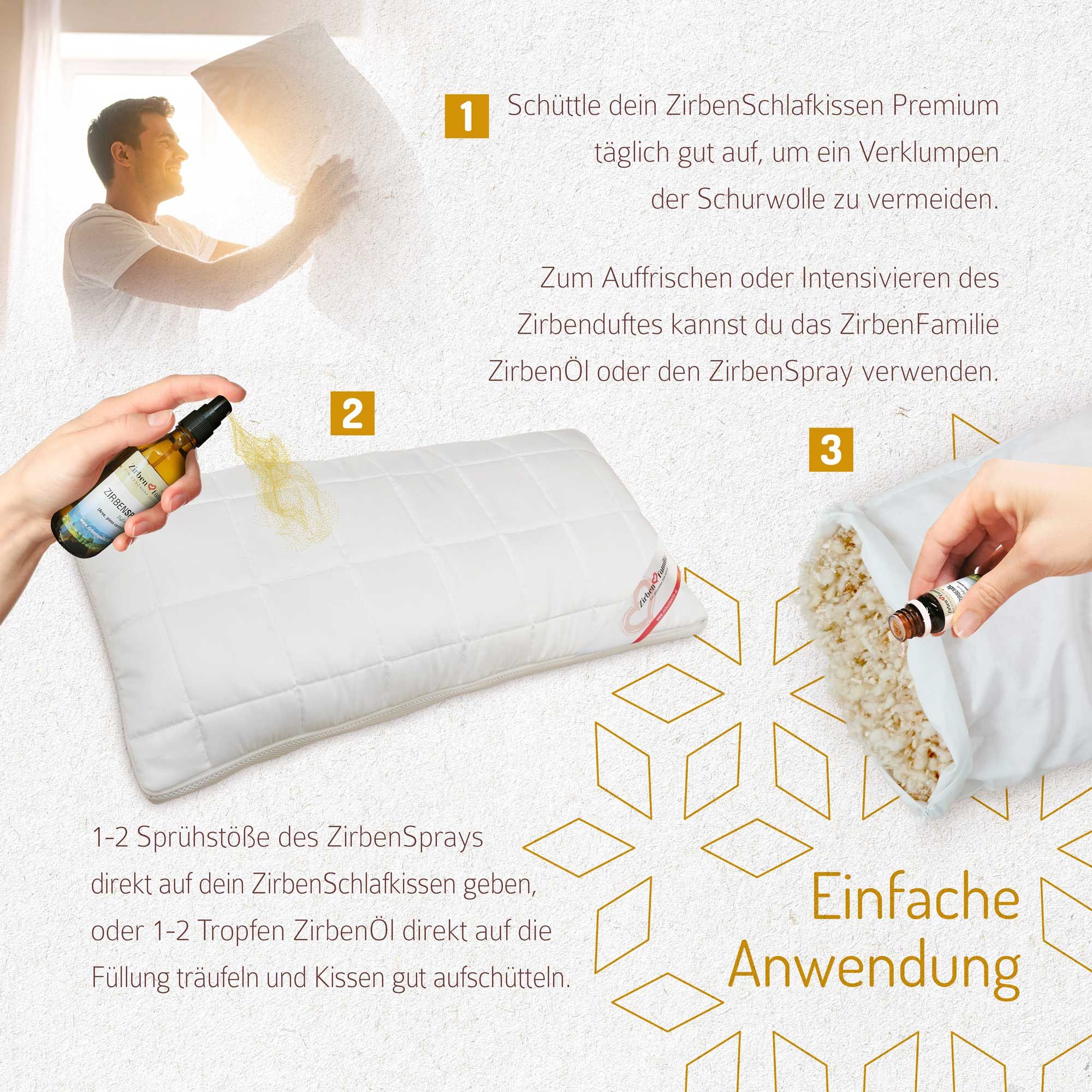 Anwendungsbeispiele für das Kissen. Mann schüttelt Kissen. Sprühen mit Spray. Tropfen Öl auf Füllung.