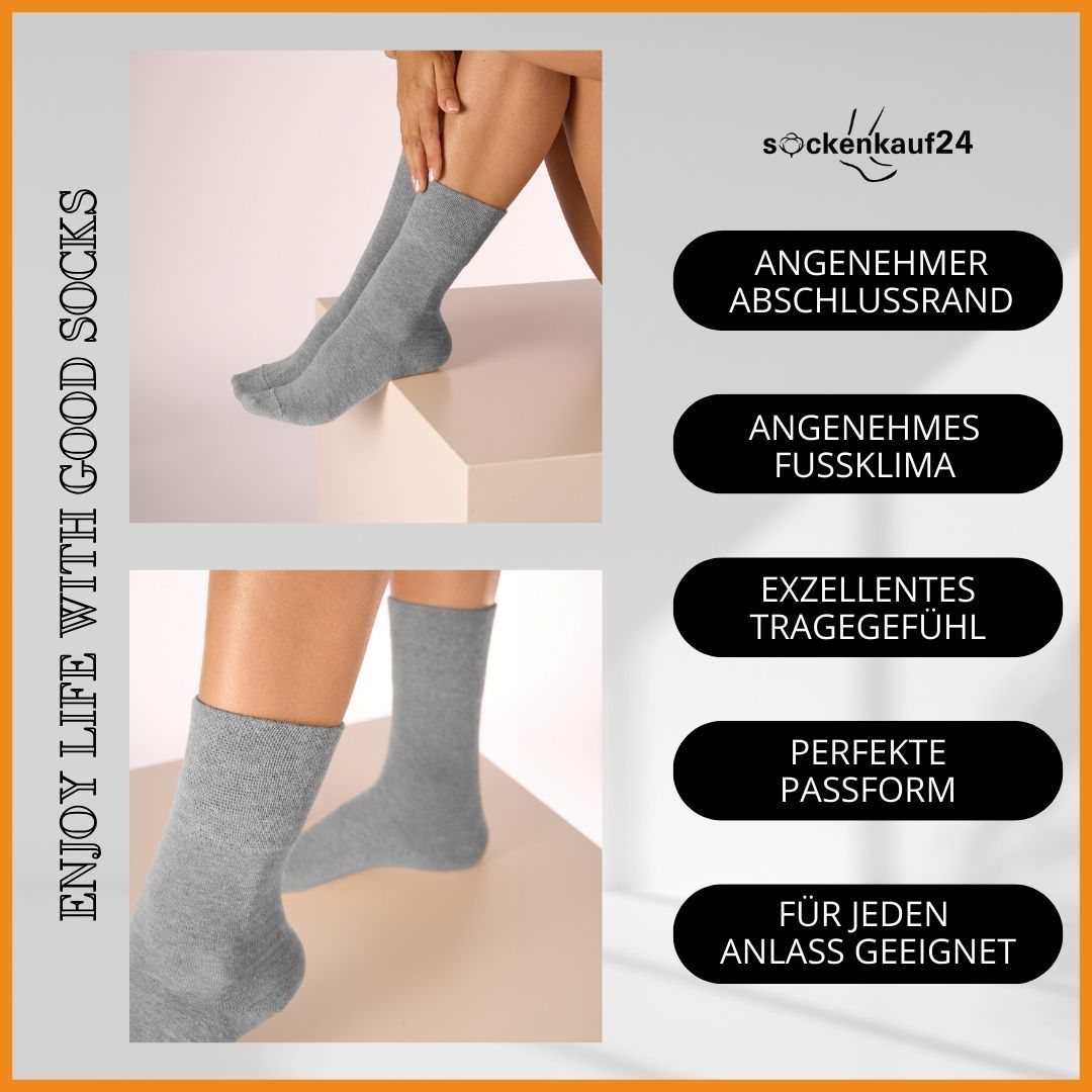 Graue Socken am Bein. Text: Angenehmer Abschlussrand, angenehmes Fußklima, exzellentes Tragegefühl, perfekte Passform.