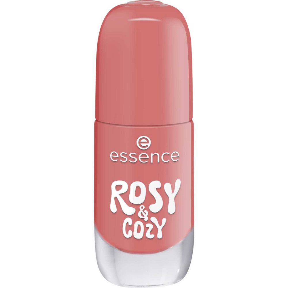 Nagellackflasche mit geschlossenem Deckel. Rosa Nagellack mit Schriftzug "Rosy & Cozy". Marke: Essence.