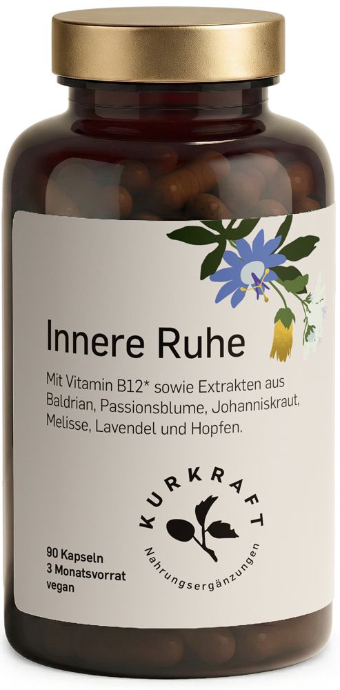 Braune Flasche Innere Ruhe Kapseln. Text: 90 Kapseln, 3 Monatsvorrat, vegan. Kurkraft Logo.