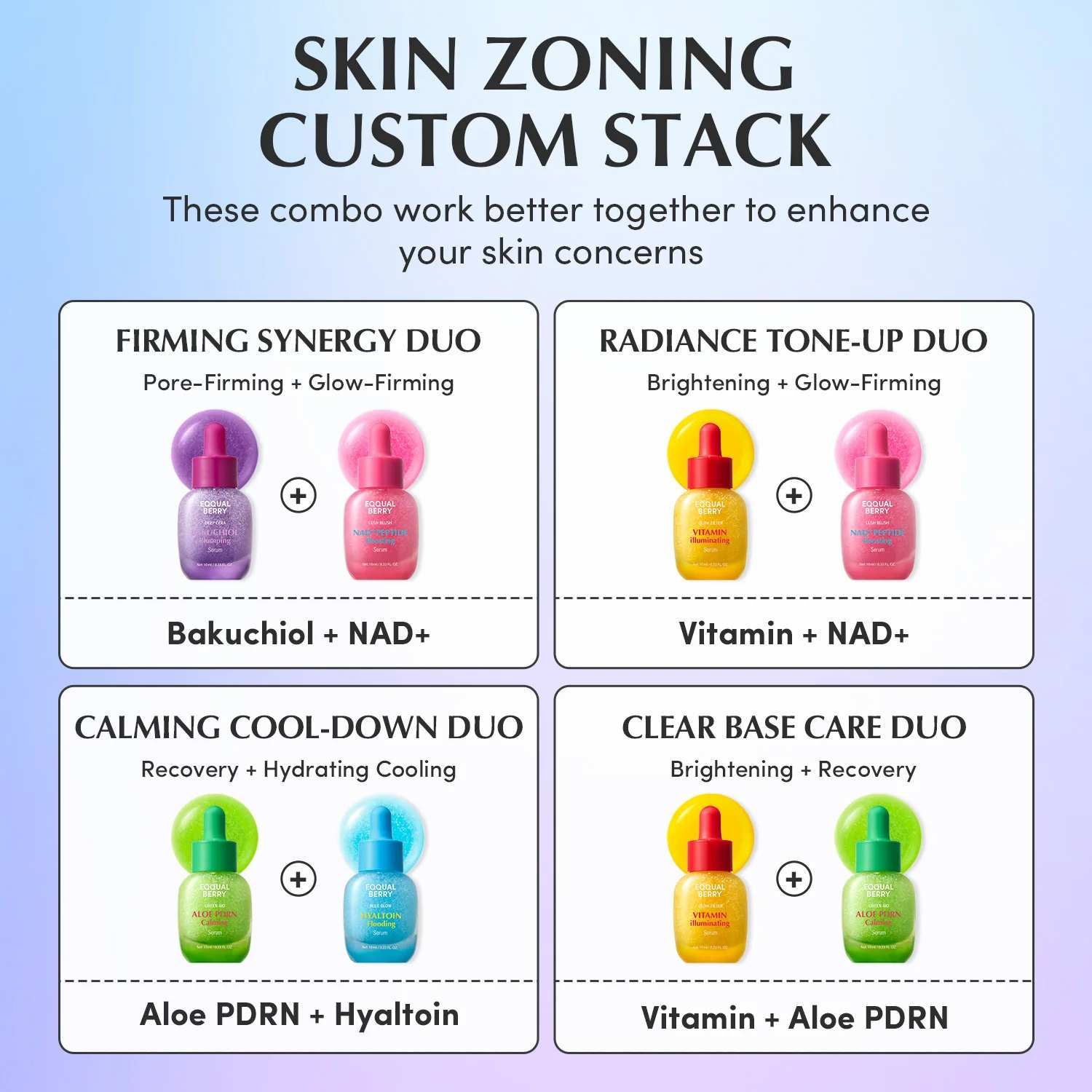 Vier Kombinationen von Serum-Minis. Jede Kombination besteht aus zwei Flaschen. Der Text lautet: Skin Zoning Custom Stack.