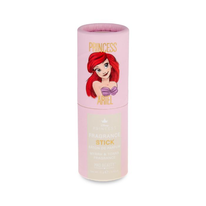 Zylindrische Verpackung, rosa. Oben: Ariel-Illustration. Text: PRINCESS, FRAGRANCE STICK, Ariel, ME BEAUTY.
