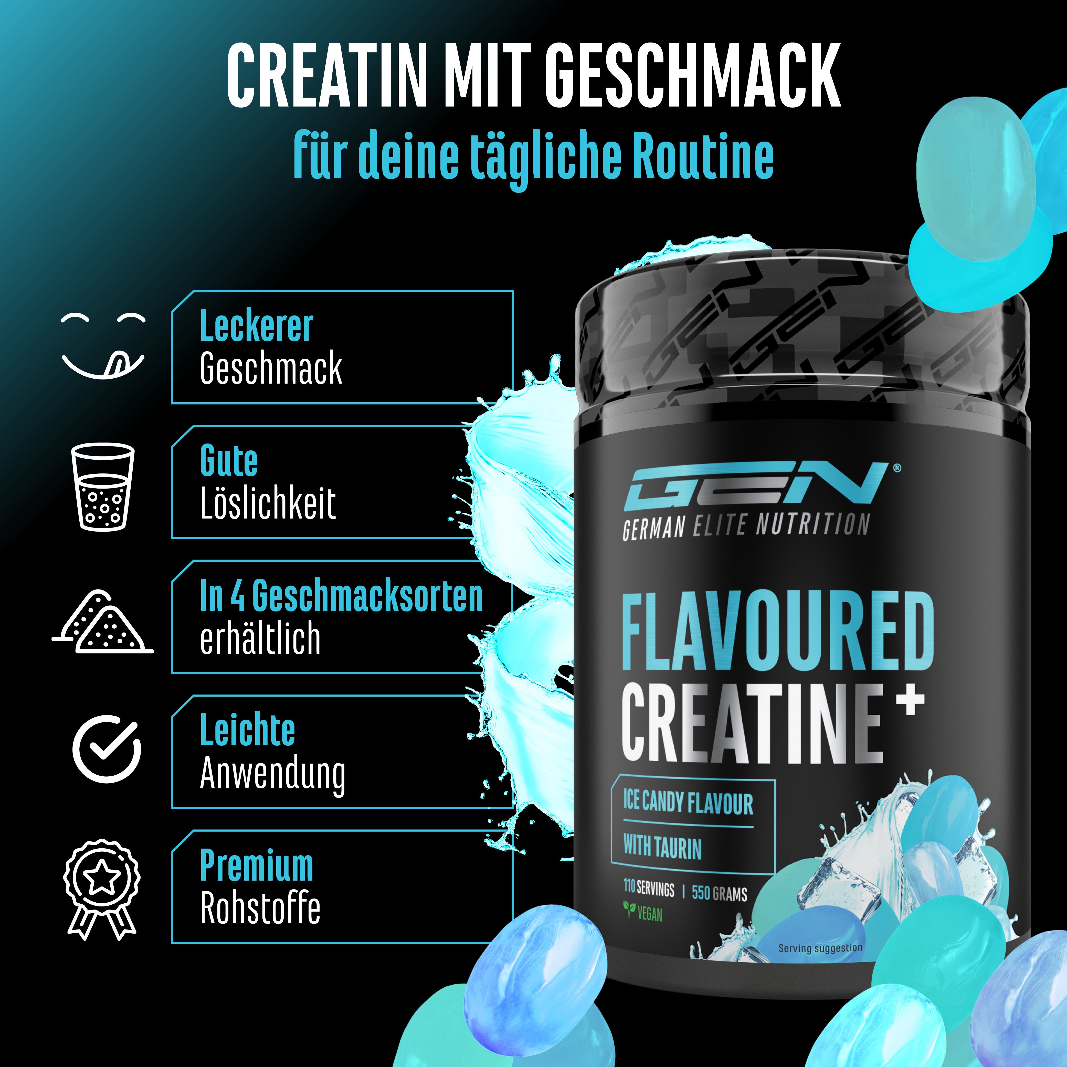 Dose GEN Flavoured Creatine+ mit Eisbonbon-Geschmack. Vorteile: Leckerer Geschmack, gute Löslichkeit, 4 Geschmacksrichtungen, einfache Anwendung, Premium-Rohstoffe.