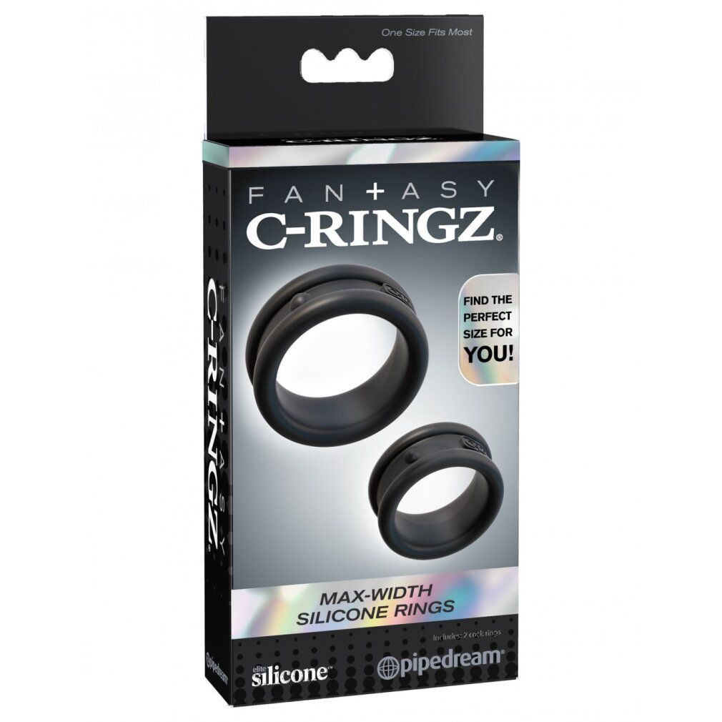 Verpackung mit zwei schwarzen Penisringen. Aufschrift: Fantasy C-Ringz. Max-Width Silikonringe. Marke: Pipedream.