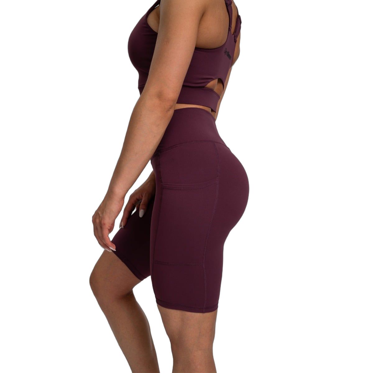 Damen Biker Shorts in Dunkelrot mit hoher Taille und Taschen, Seitenansicht.