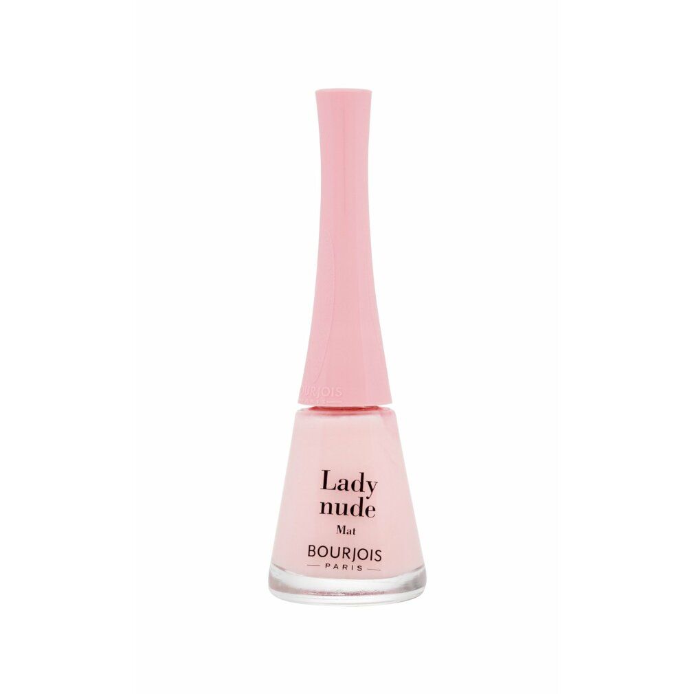 Nagellackflasche, rosa, mit Aufschrift Lady Nude Mat und Bourjois. Glasflasche mit rosa Deckel.