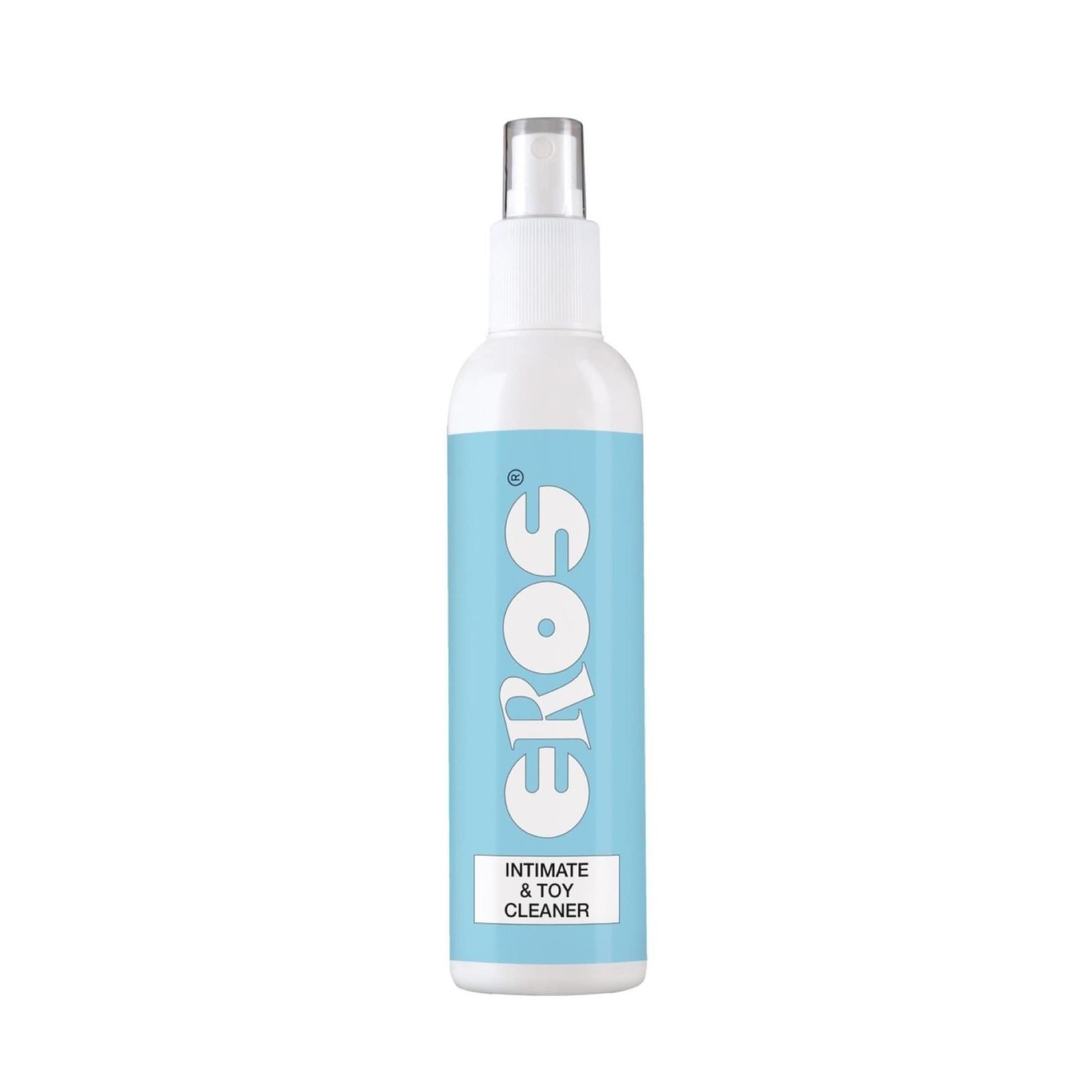 Flasche mit blauem Etikett. Aufschrift: EROS, Intimate & Toy Cleaner. Weißer Sprühkopf.