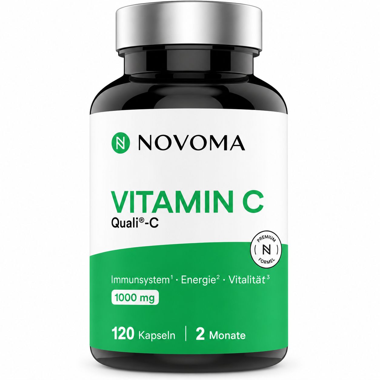 Flasche mit 120 Kapseln Vitamin C Quali-C von Novoma, 1000 mg.