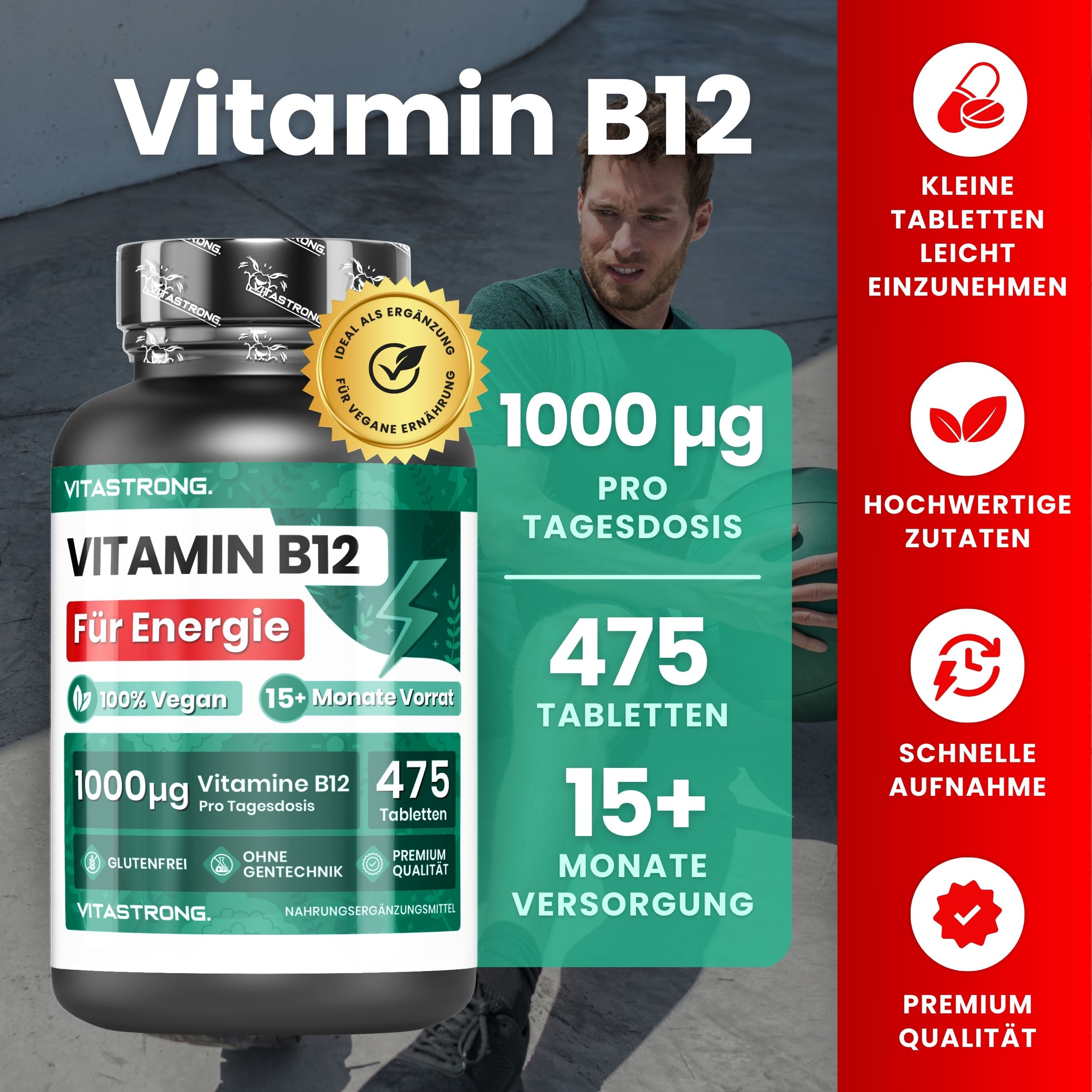 Vitamin B12 Flasche und Produktinformationen. 475 Tabletten, vegan, glutenfrei, ohne Gentechnik. 15+ Monate Vorrat.