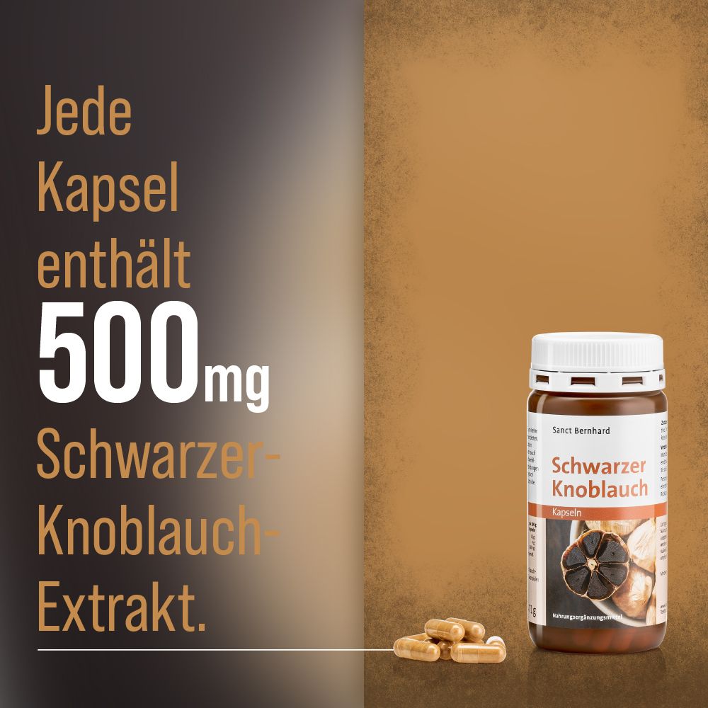 Braune Dose mit Schwarzer-Knoblauch-Kapseln und Kapseln daneben. Text: 500mg Schwarzer-Knoblauch-Extrakt.