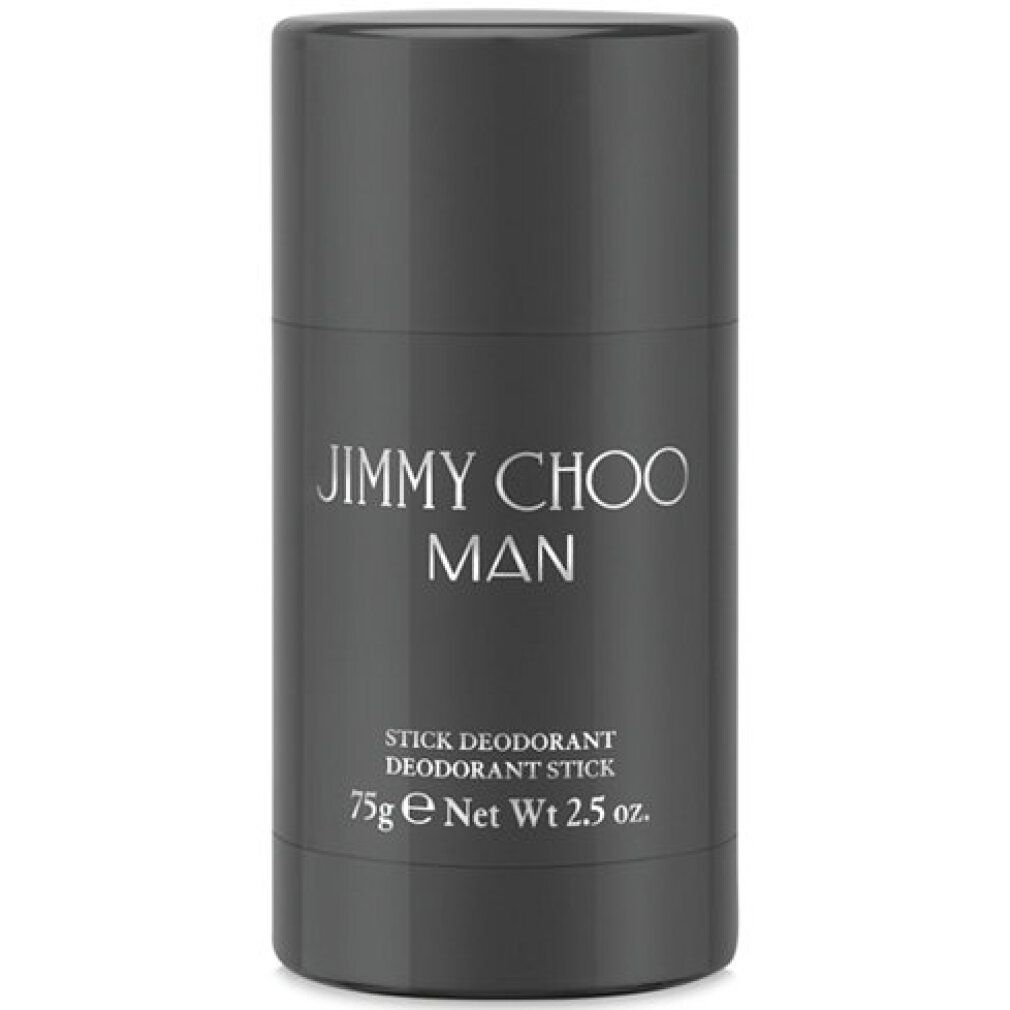 Grauer Deostift. Aufschrift: JIMMY CHOO MAN, STICK DEODORANT, 75g e Net Wt 2.5 oz.