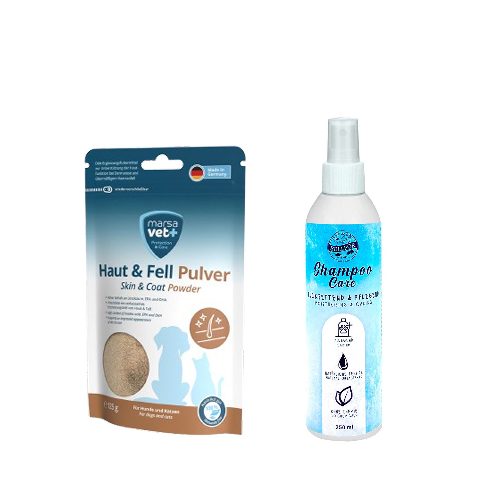 Beutel mit Haut & Fell Pulver und Sprühflasche Shampoo Care. Beide Produkte sind für Hunde.