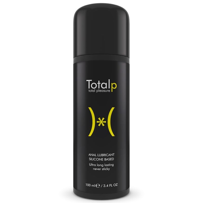 Schwarze Flasche mit "Totalp"-Logo und Text. "Anal Lubricant Silicone Based". Gelb-gelbes Symbol. Volumenangabe: 100 ml / 3.4 FL OZ.