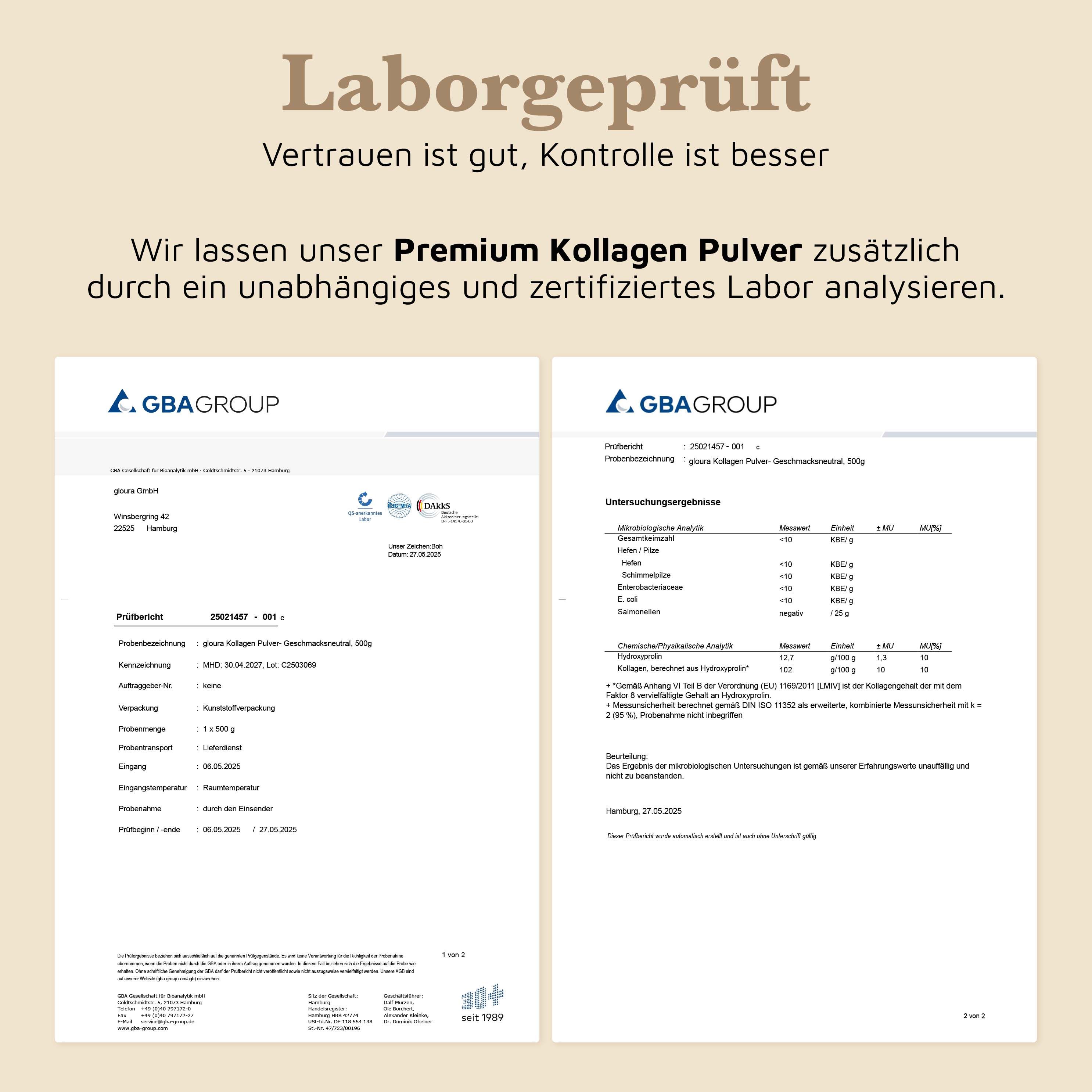 Zwei Laborberichte. Text: Wir lassen unser Premium Kollagen Pulver zusätzlich durch ein unabhängiges Labor analysieren.