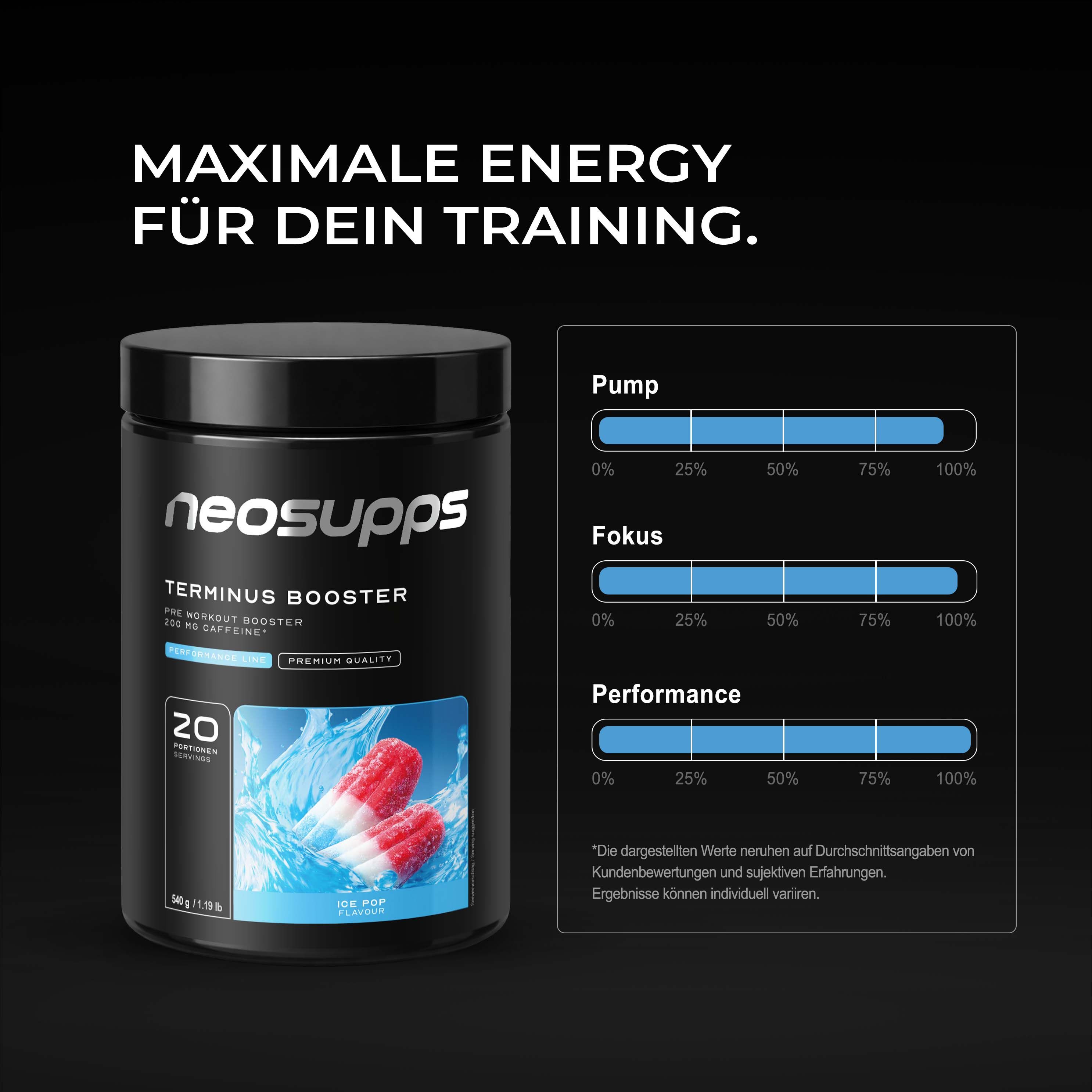 Schwarze Dose mit weißem Text. Enthält 200mg Koffein. Text: All-in-One Booster, Mit Citrullin & AAKG, Beta-Alanin & Tyrosin, Mit Vitamin B-Komplex.
