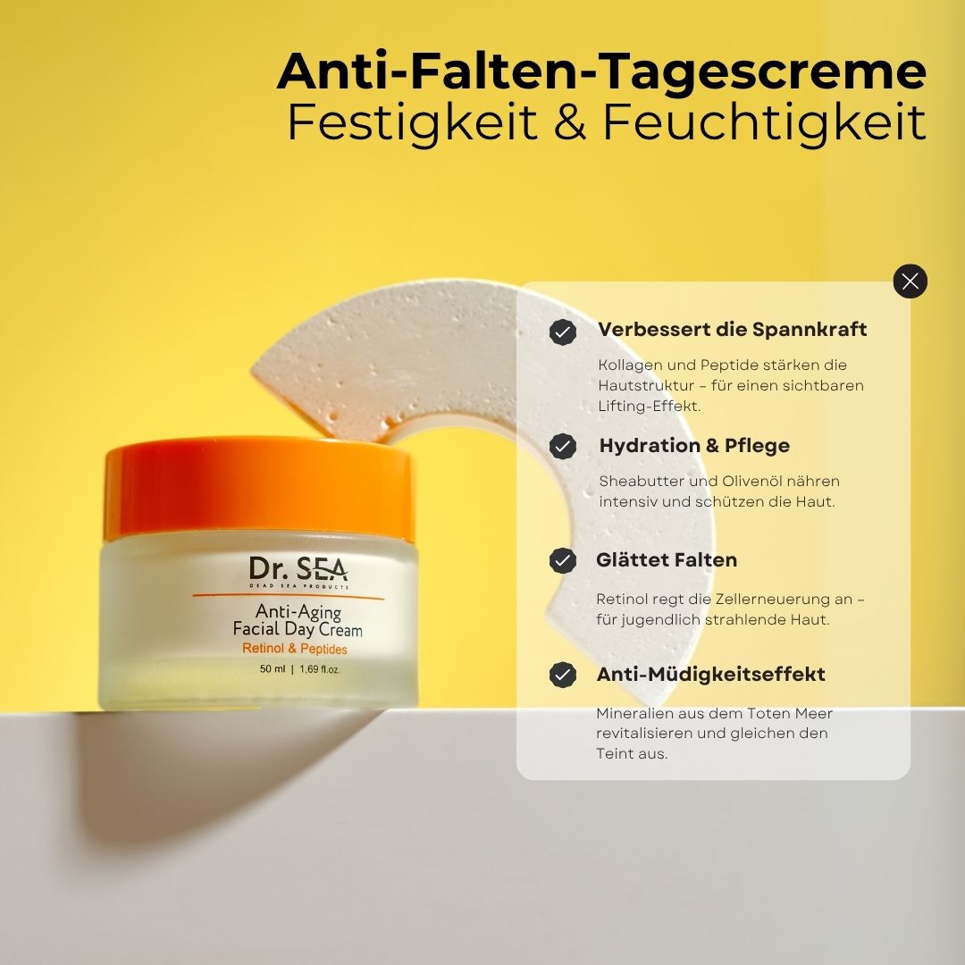Creme-Tiegel mit Deckel. Text: Anti-Falten-Tagescreme, Festigkeit & Feuchtigkeit. Produktname und Inhaltsstoffe.