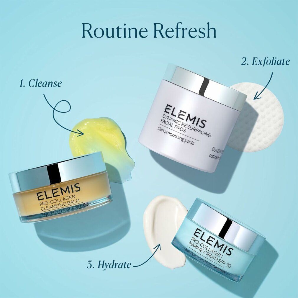 Drei Produkte auf blauem Hintergrund. Elemis Pro-Collagen Cleansing Balm, Dynamic Resurfacing Facial Pads, Marine Cream SPF 30.
