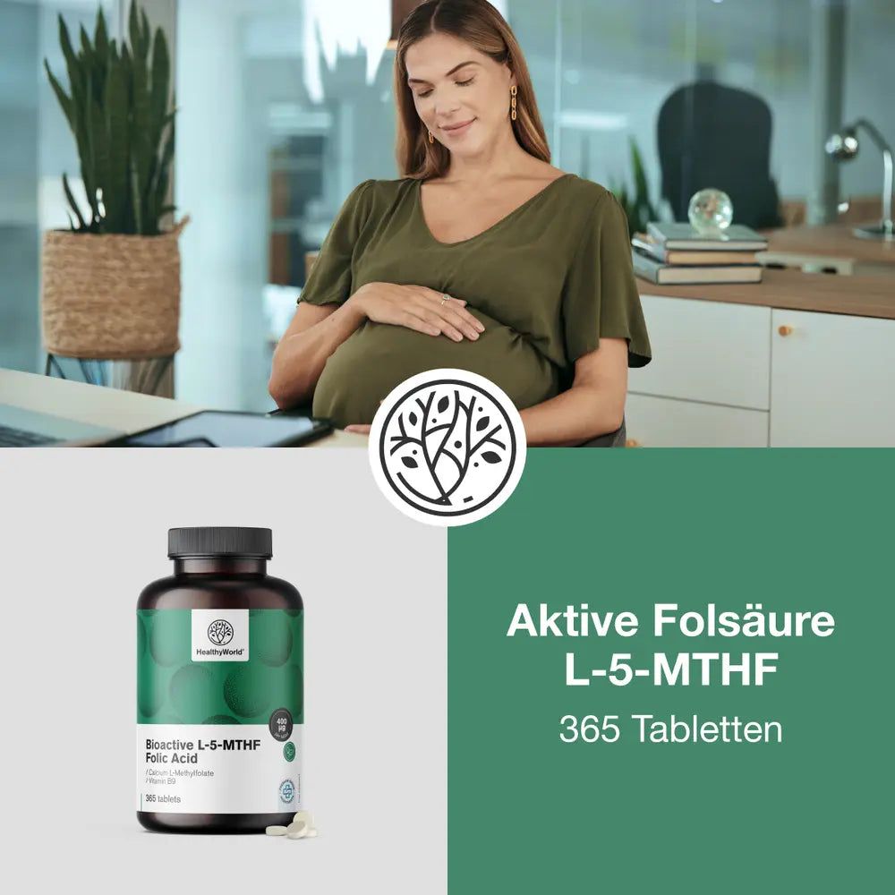 Schwangeren-Illustration mit Dose und Text: Aktive Folsäure L-5-MTHF, 365 Tabletten.