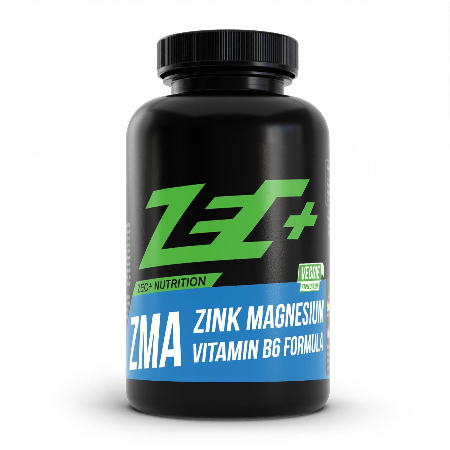 Schwarze Flasche mit grünem ZEC+ Logo und blauer Aufschrift ZMA. Enthält Zink, Magnesium und Vitamin B6. Vegane Kapseln.
