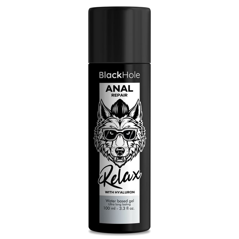 Schwarze Flasche mit Aufschrift: Black Hole ANAL REPAIR. Wolf mit Brille, Relax. 100 ml.