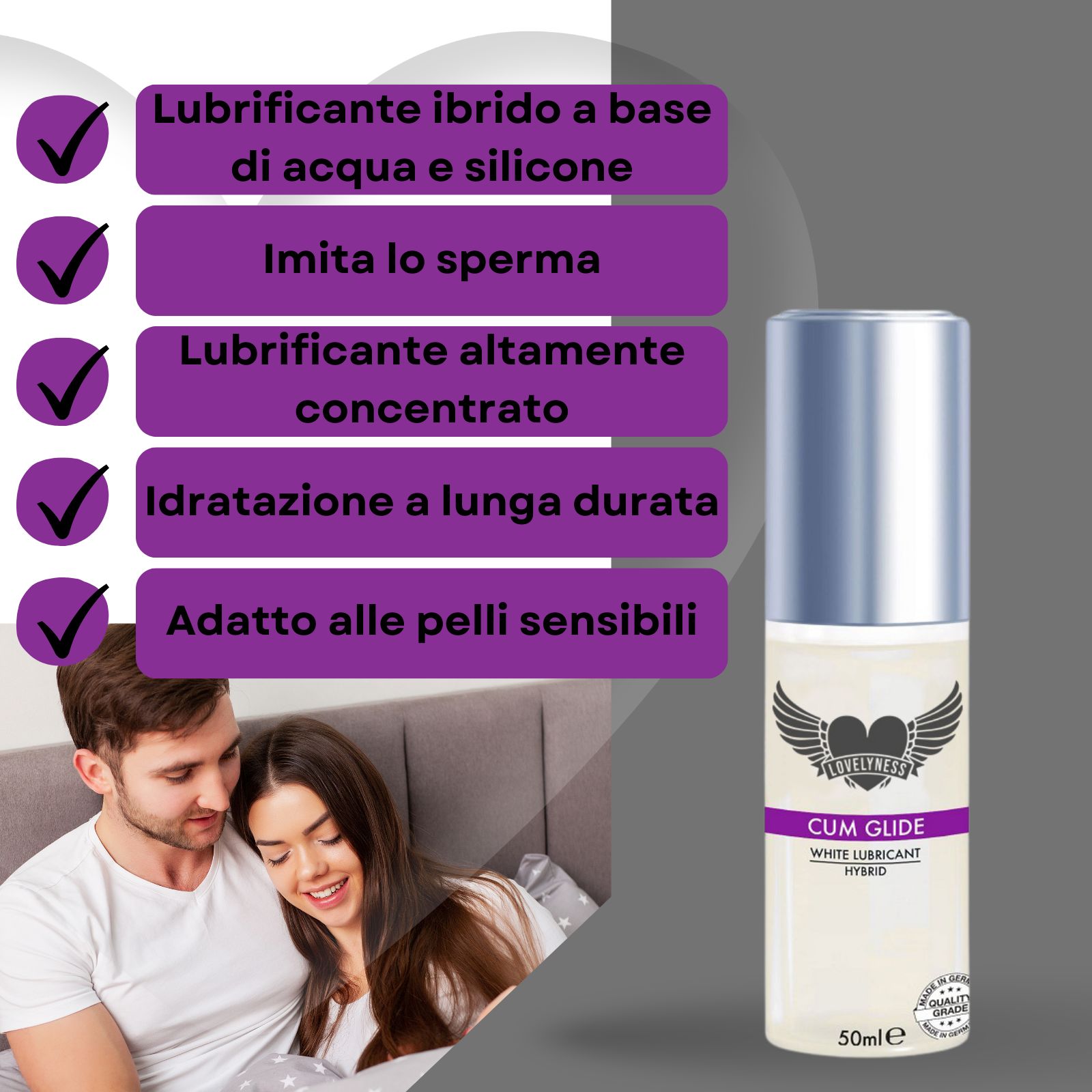 Gleitgel-Flasche. Text: Cum Glide, White Lubricant Hybrid. Aufschrift: Lovelyness. Paar im Hintergrund.