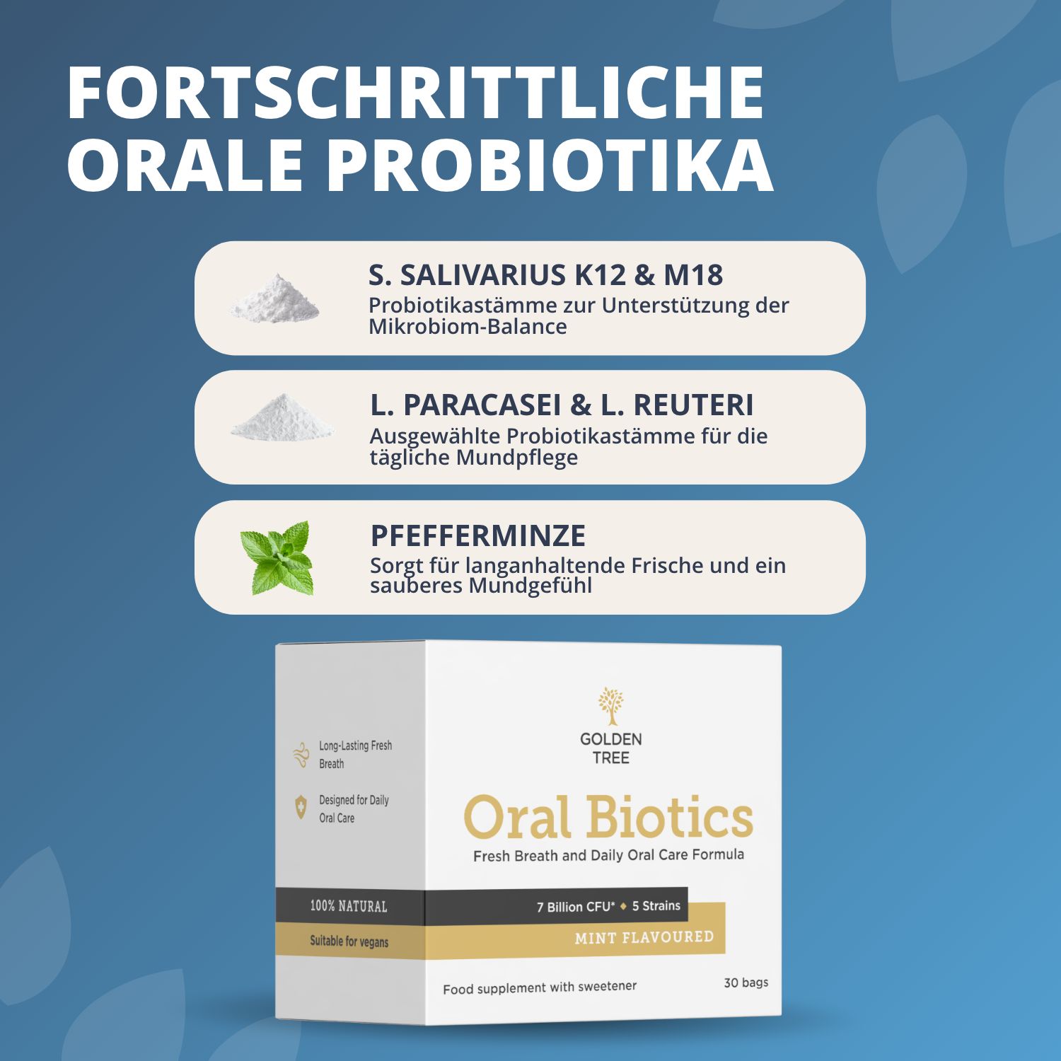 Fortschrittliche orale Probiotika: Informationen zu Stämmen, Minze und Packung.