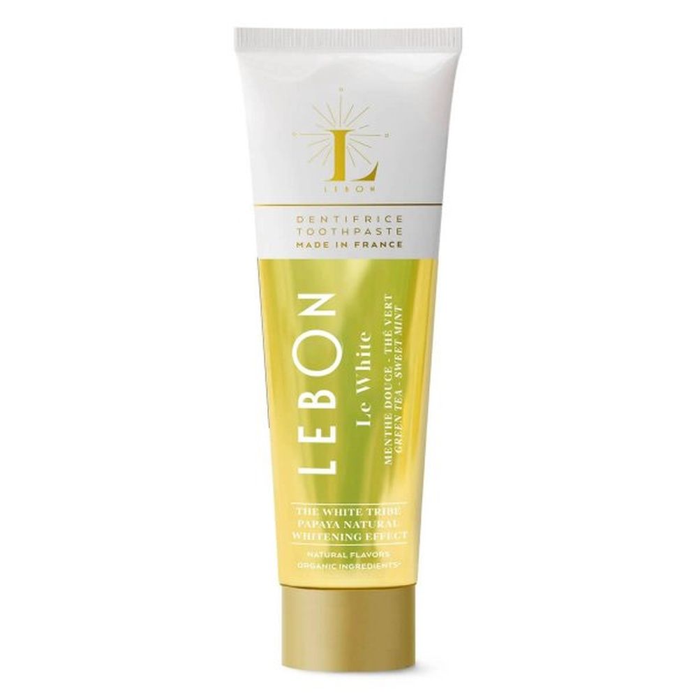 Zahncreme-Tube LEBON Le White. Weiß-goldene Tube mit Produktnamen und Inhaltsangaben. Aufschrift: "Menthe Douce - The Vert".