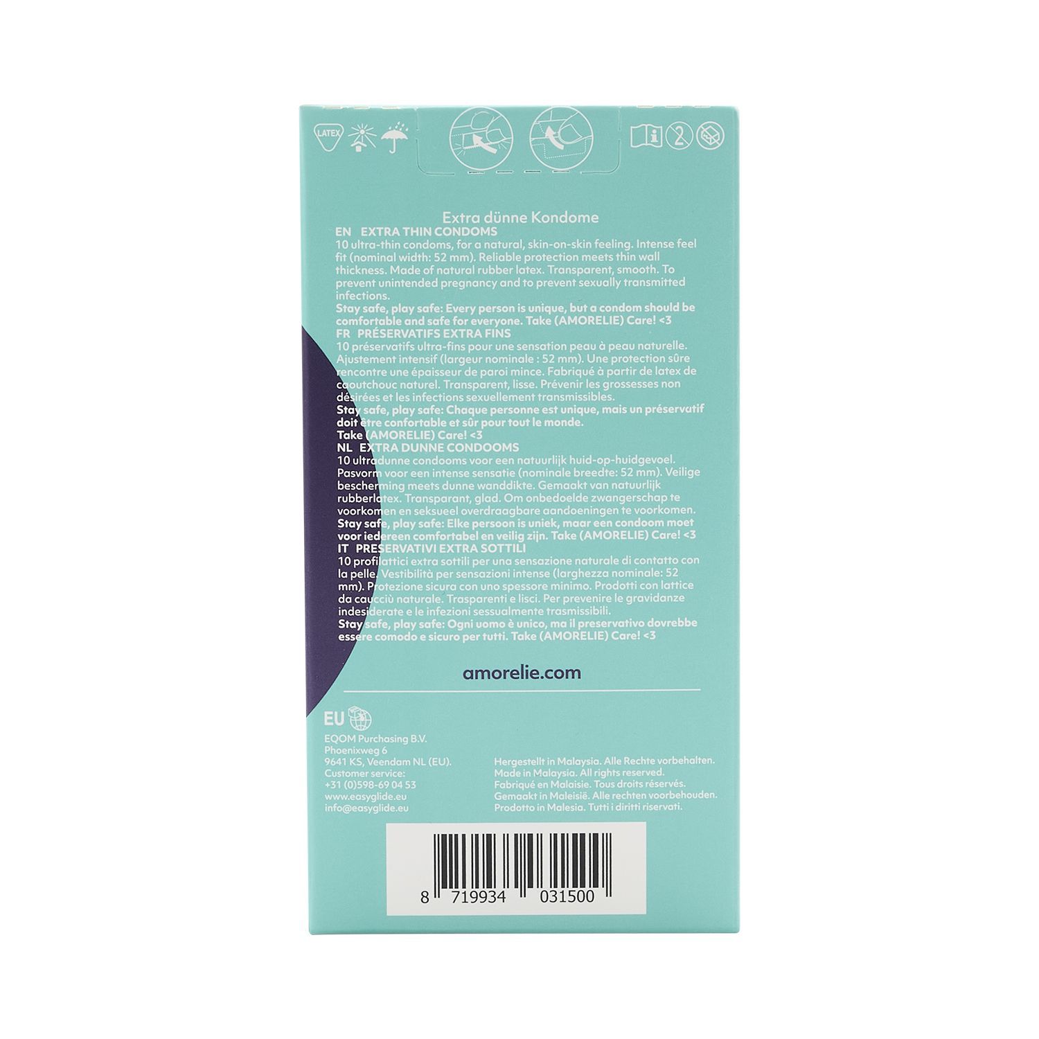 Rückseite der Kondompackung. Text in mehreren Sprachen, u.a. Deutsch, Französisch, Italienisch, Niederländisch.