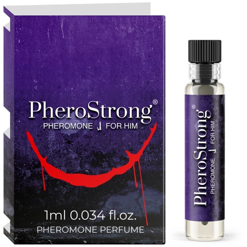 PheroStrong Pheromon Parfüm für Männer, 1ml Fläschchen und Verpackung.