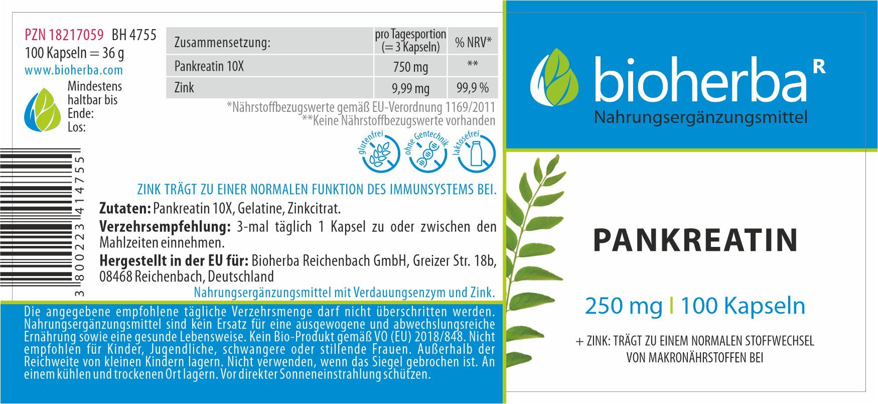 Etikett mit "bioherba" und "Pankreatin". Enthält 100 Kapseln. Angaben zu Inhaltsstoffen und Verzehrempfehlung.